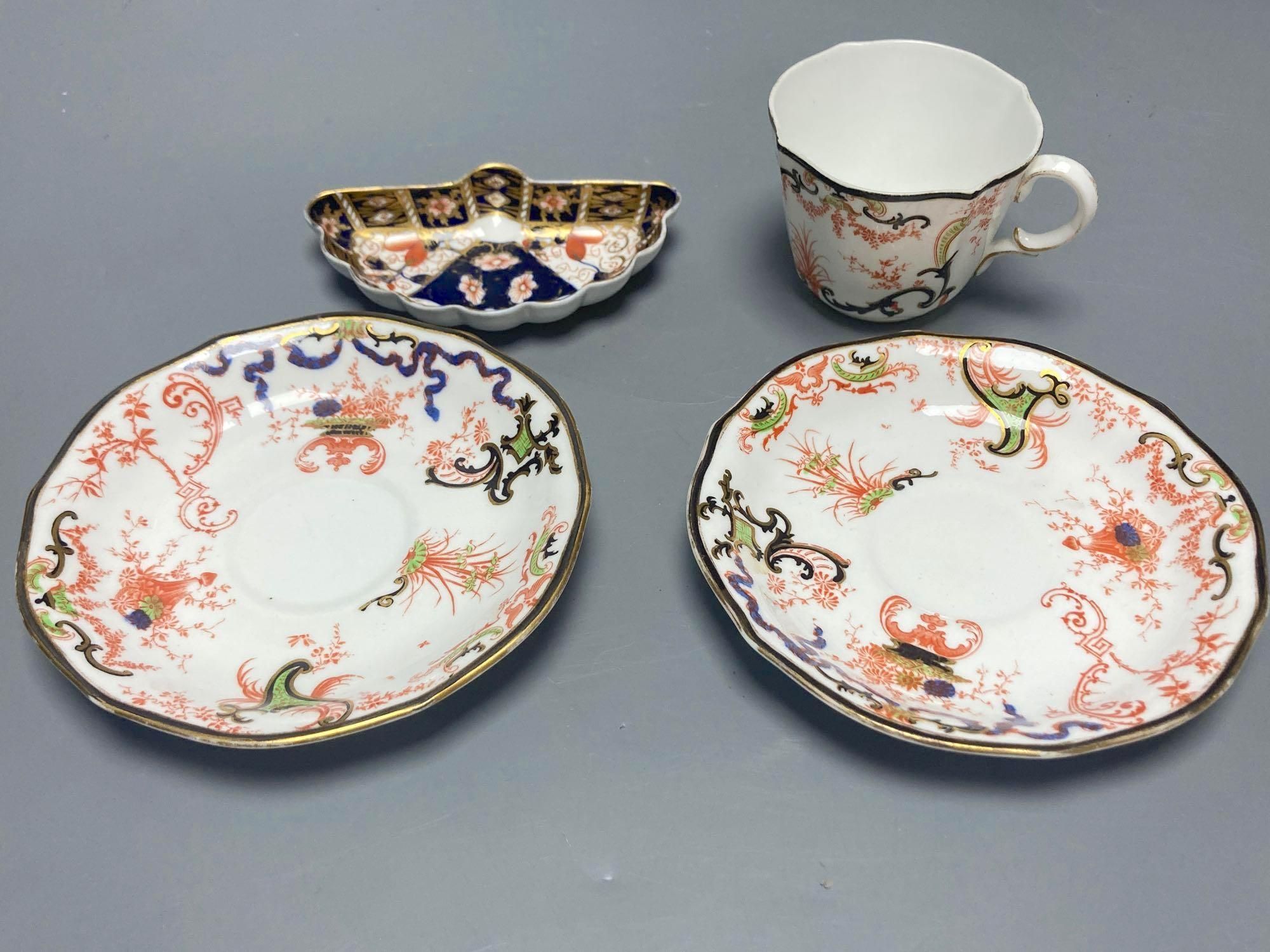 Two Royal Crown Derby Imari pattern plates, three Crown Derby plates or saucers, a Royal Crown Derby cup and two saucers and two Red Av